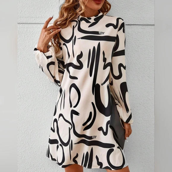 Graphic Print Mock Neck Lantern Sleeve Dress - Picture 4 of 4